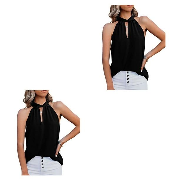 Blusa Sin mangas Minnieouse Color sólido Cuello anudado Negro L