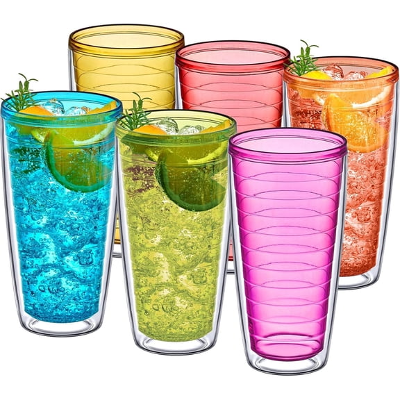 - Alaska - 24-Ounce Insulated Plastic Tumblers (Set of 6), Double-Wall Plastic Drinking Glasses, Mixed-Color  Cups, , Shatter-Proof, Dishwasher-Safe