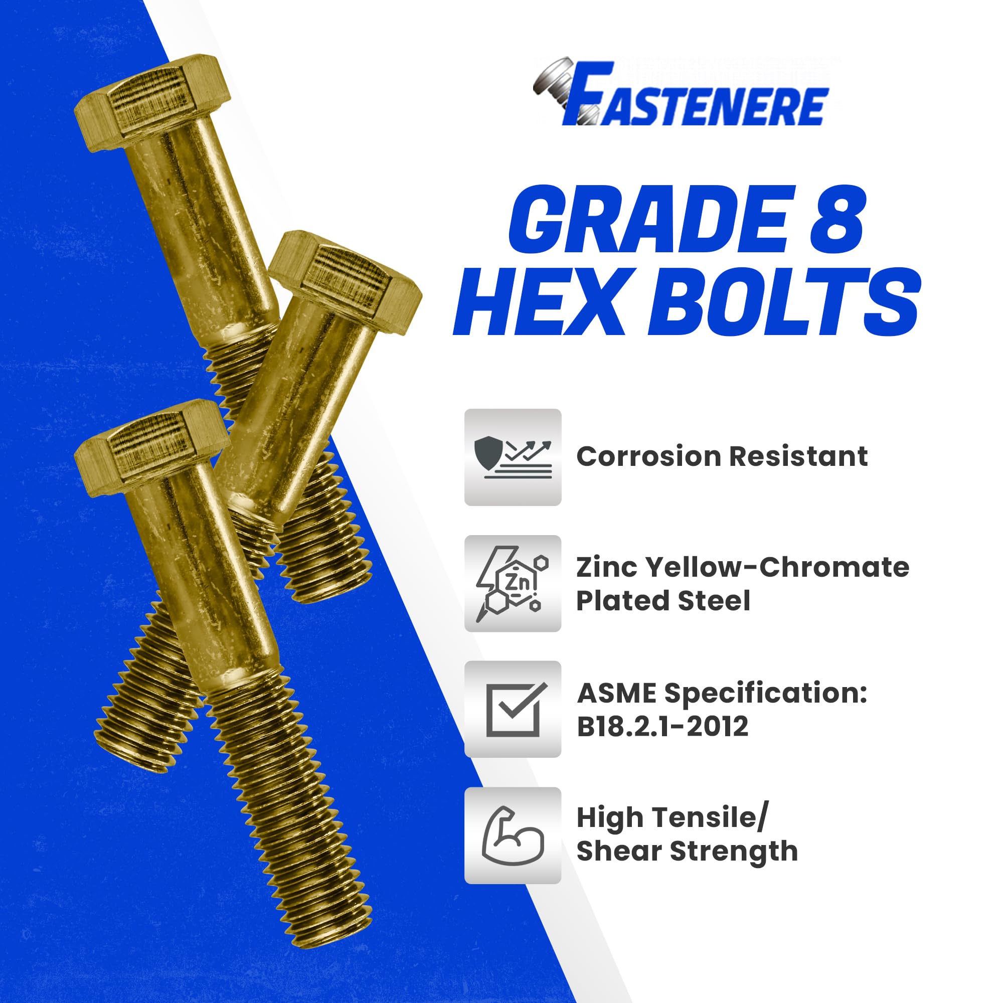 Fastenere 7/16"-14 x 2-1/4" Hex Bolts Grade 8 Zinc Yellow-Chromate Plated Steel, Partial Threaded Durable Hex Bolts for Machinery & Construction, Rust-Resistant, Heavy-Duty Fasteners, Pack of 10