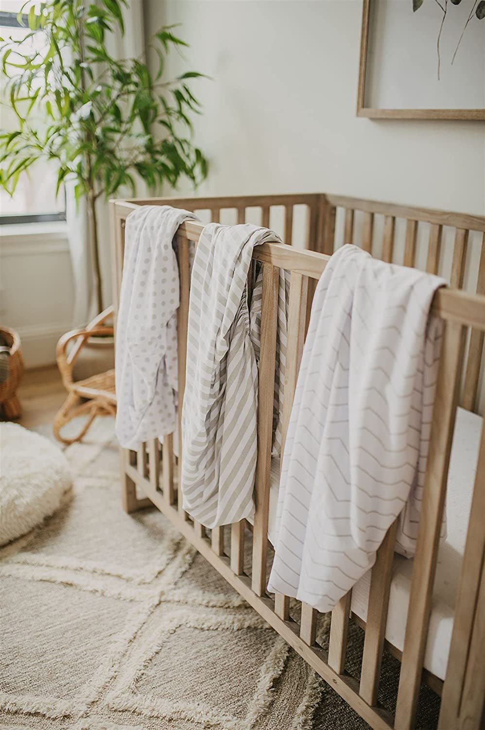 NODNAL CO. Gray and White Cotton Playard/Portable Crib/Mini Crib Fitted Sheet Set, 100% OEKO-TEX Cotton, 3 Pieces, for Baby Girl or Boy Infant/Toddler Nursery Bedding, Gender Neutral