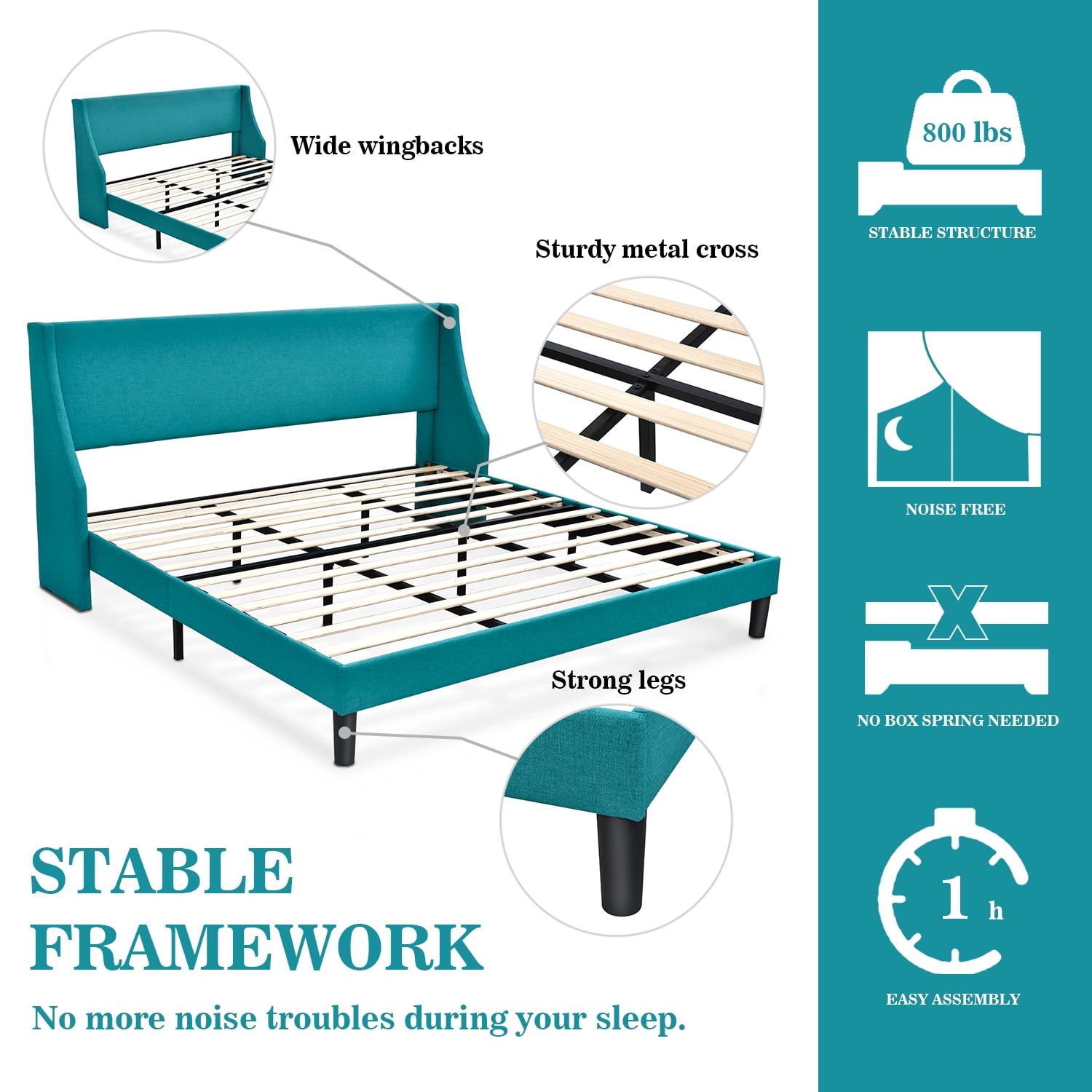 Allewie King Size Fabric Upholstered Platform Bed Frame with Wingback Headboard, Jade Green