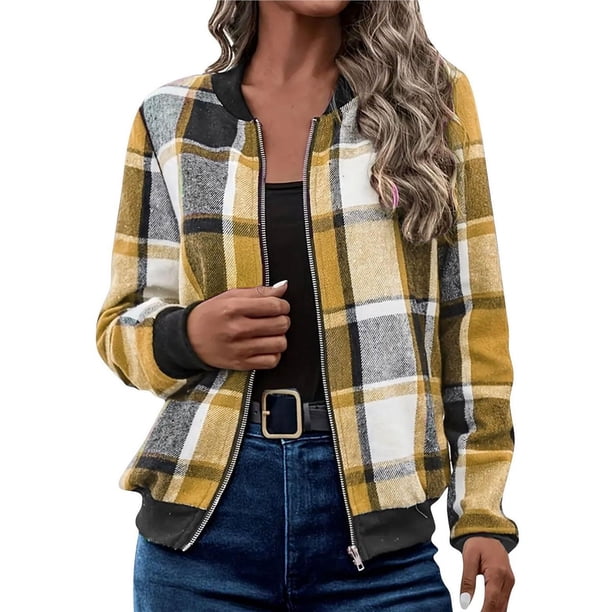 Chaquetas de Mujer Informales con Cremallera, de Franela A Cuadros, Larga, Holgadas, Ideales para Otoño. Amarillo XXL