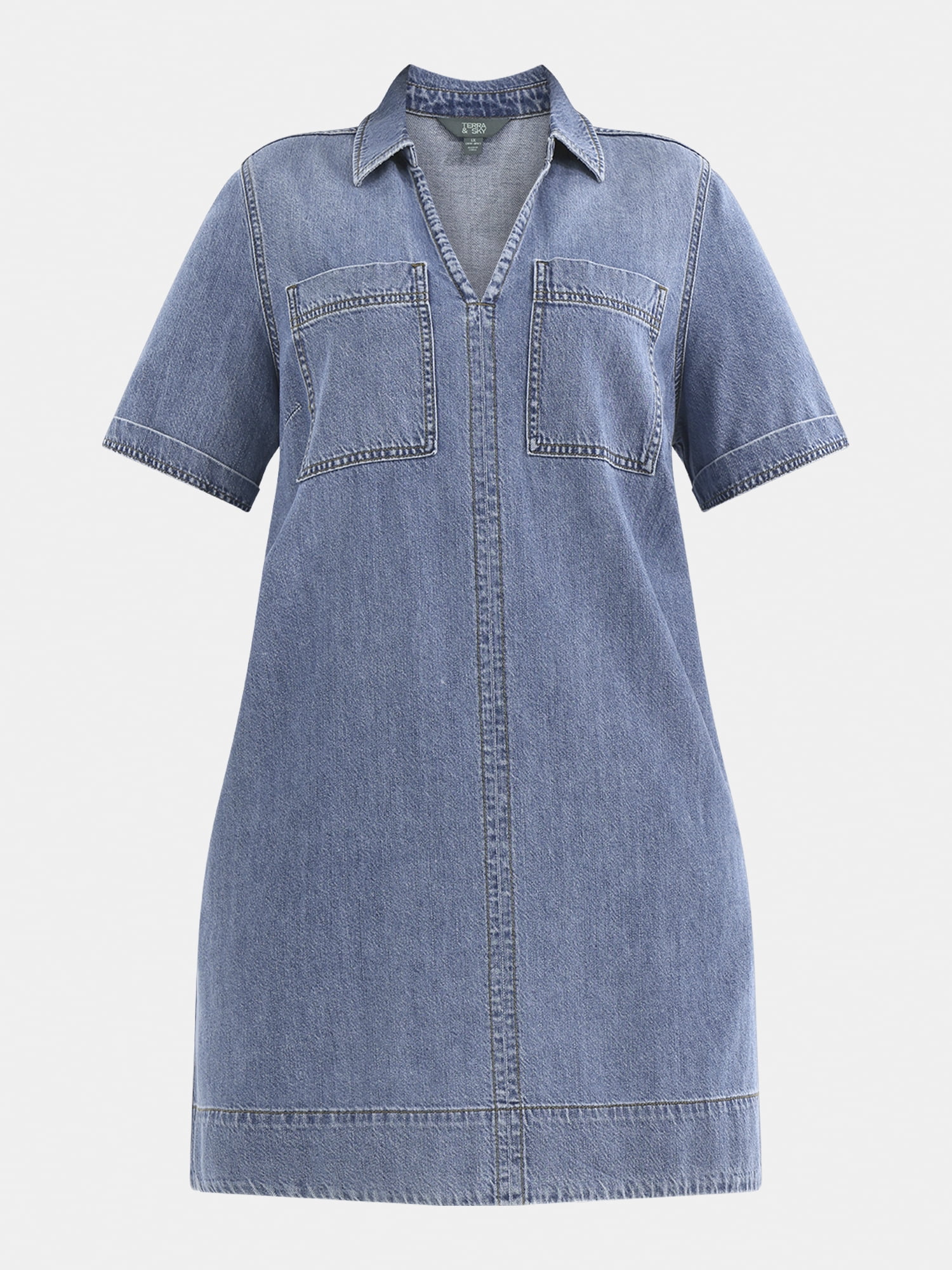 Terra & Sky Women's Plus Denim Mini Popover Shirt Dress, Sizes 0X-5X