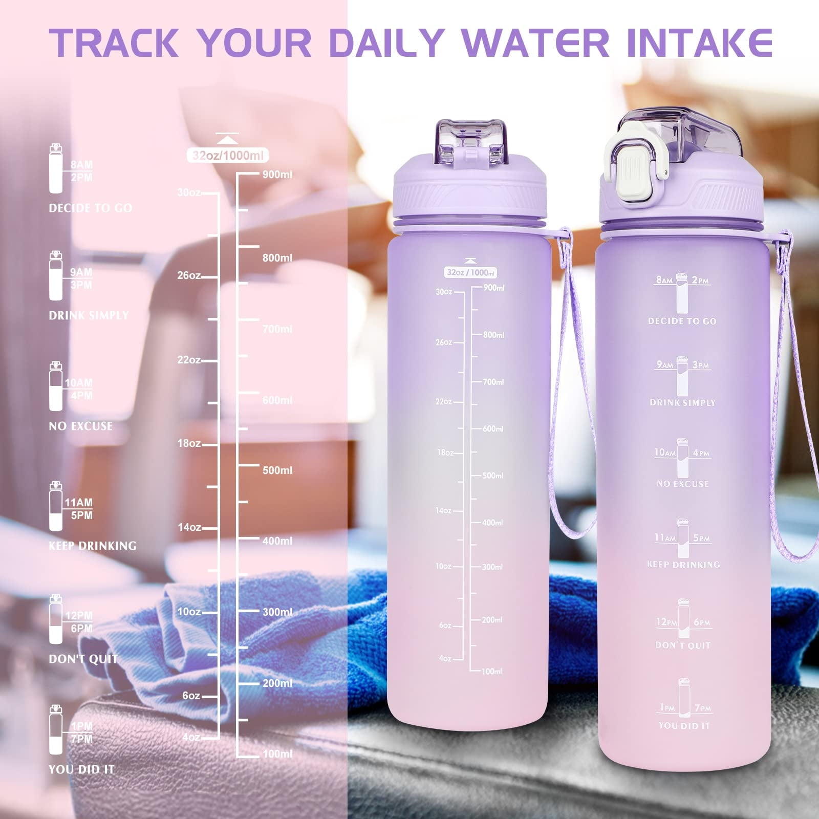 60oz Motivational Water Bottle Purple 14hr H2O Tracker Sports