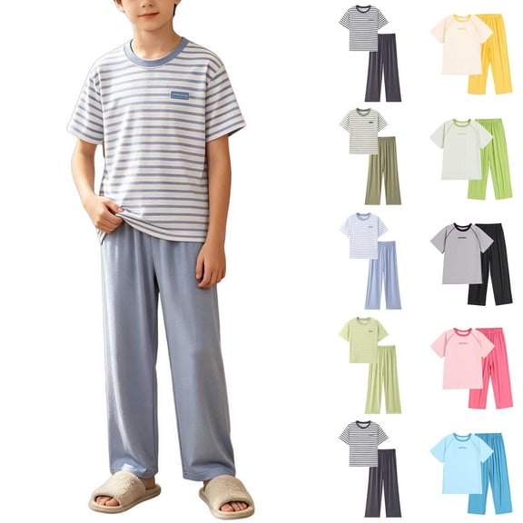 Kids 2 Piece Lounge Outfits Short Sleeve Crew Neck Tees Elastic Waist Pants Soft Comfy Loose Homewear Set (14-15 Years, Blue|Stripes)