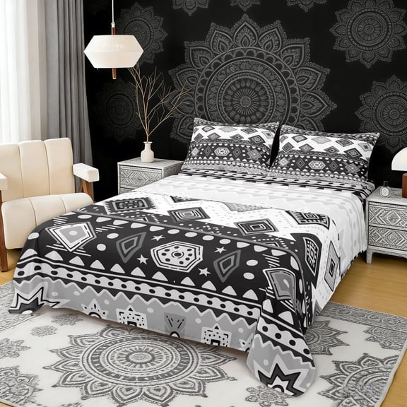 Erosebridal Geometric Aztec Full Size Sheets, Black White Bohemian Bed Sheets, 4 Pieces 1 Flat Sheet, 1 Fitted Sheet and 2 Pillowcases