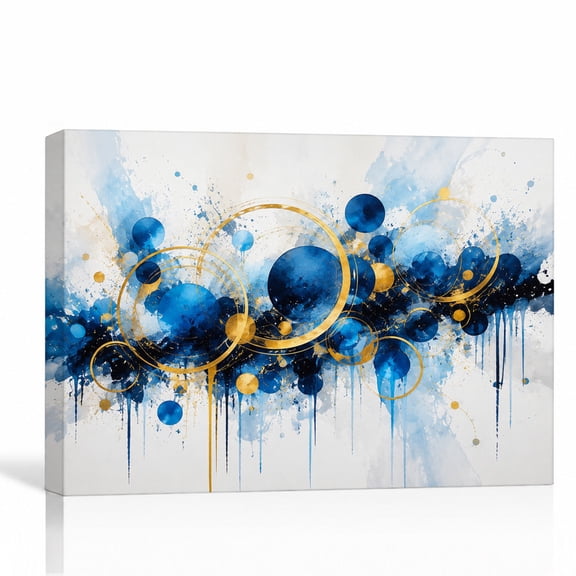 24 x 16 Inch Abstract Blue Gold Canvas Wall Art Print, Modern Artwork, Ready to Hang Stretched Canvas with Wooden Stretcher Frame Home Decor, Brown