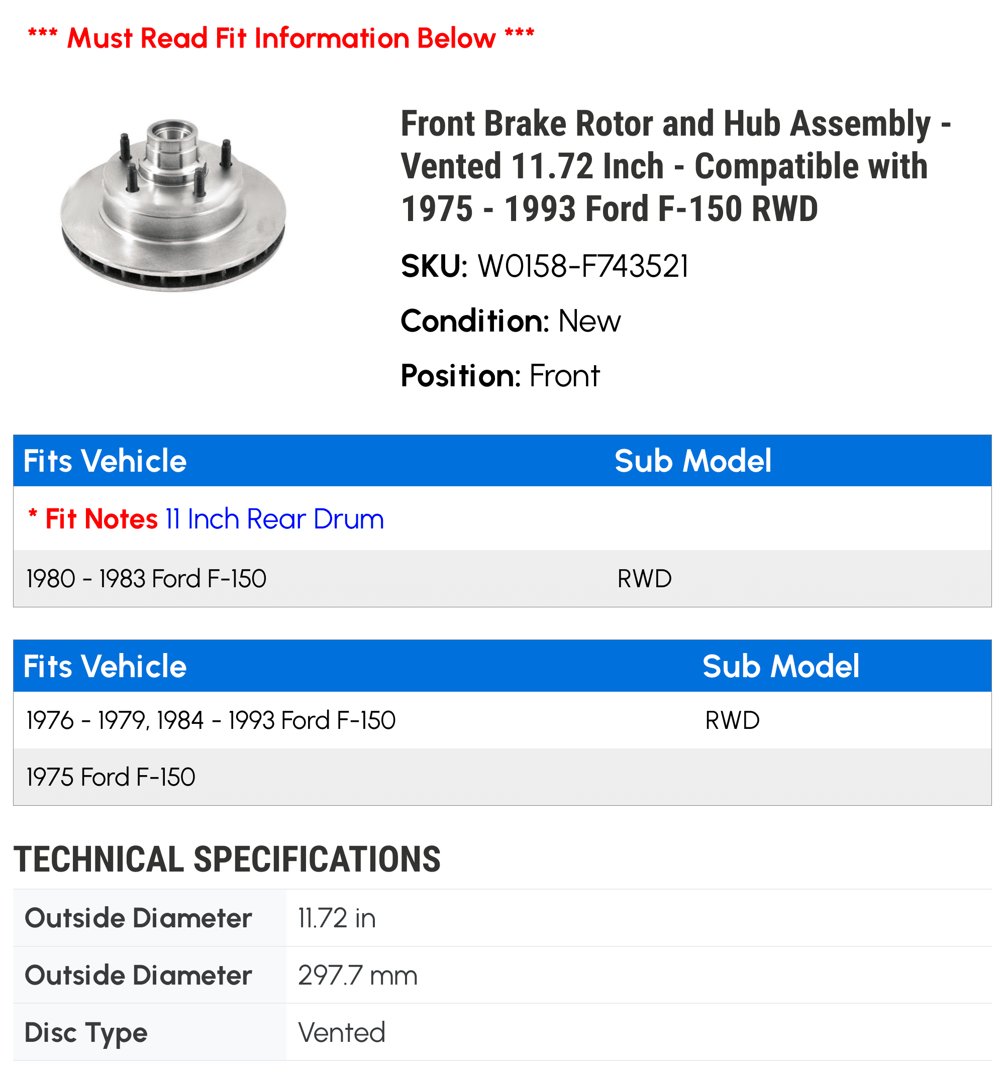 Front Brake Rotor and Hub Assembly - Vented 11.72 Inch - Compatible with 1975 - 1993 Ford F-150 RWD 1976 1977 1978 1979 1980 1981 1982 1983 1984 1985 1986 1987 1988 1989 1990 1991 1992