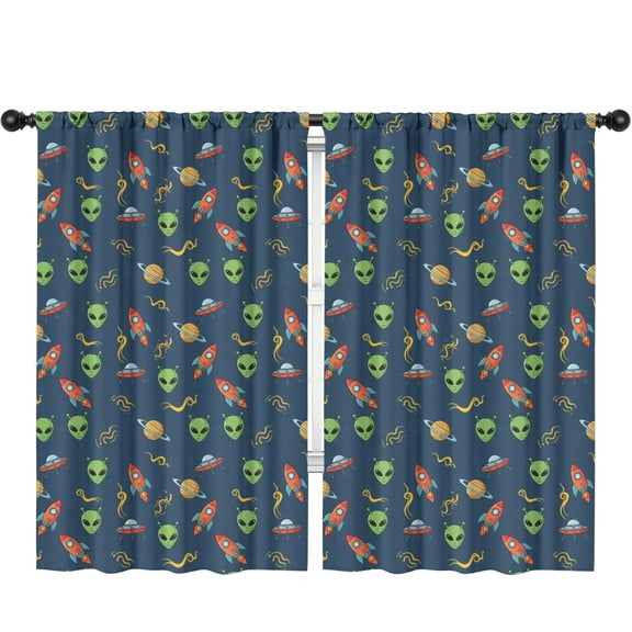 Blackout Kids Curtains,Alien Rocket Deep Blue Pattern Children's Insulated Curtains Set Of 2,Bedroom Essentials,Toddler Room Decor 52"x84"