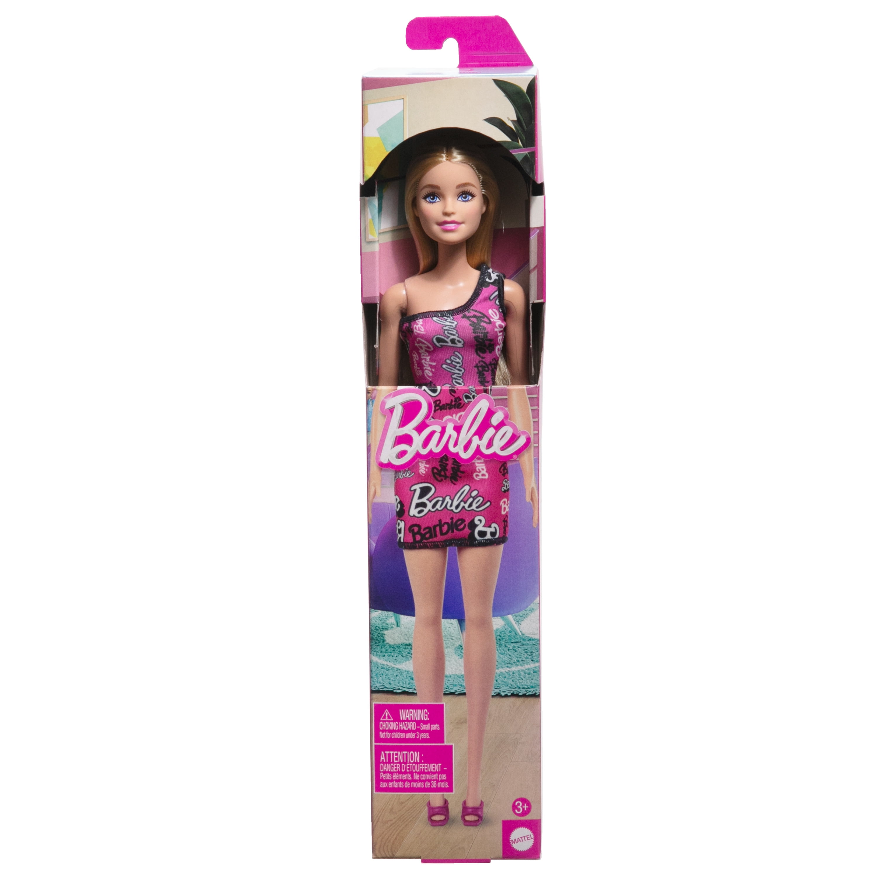 Barbie Fashion Doll with Straight Blonde Hair Wearing Removable Pink Dress & Shoes with Logo Print