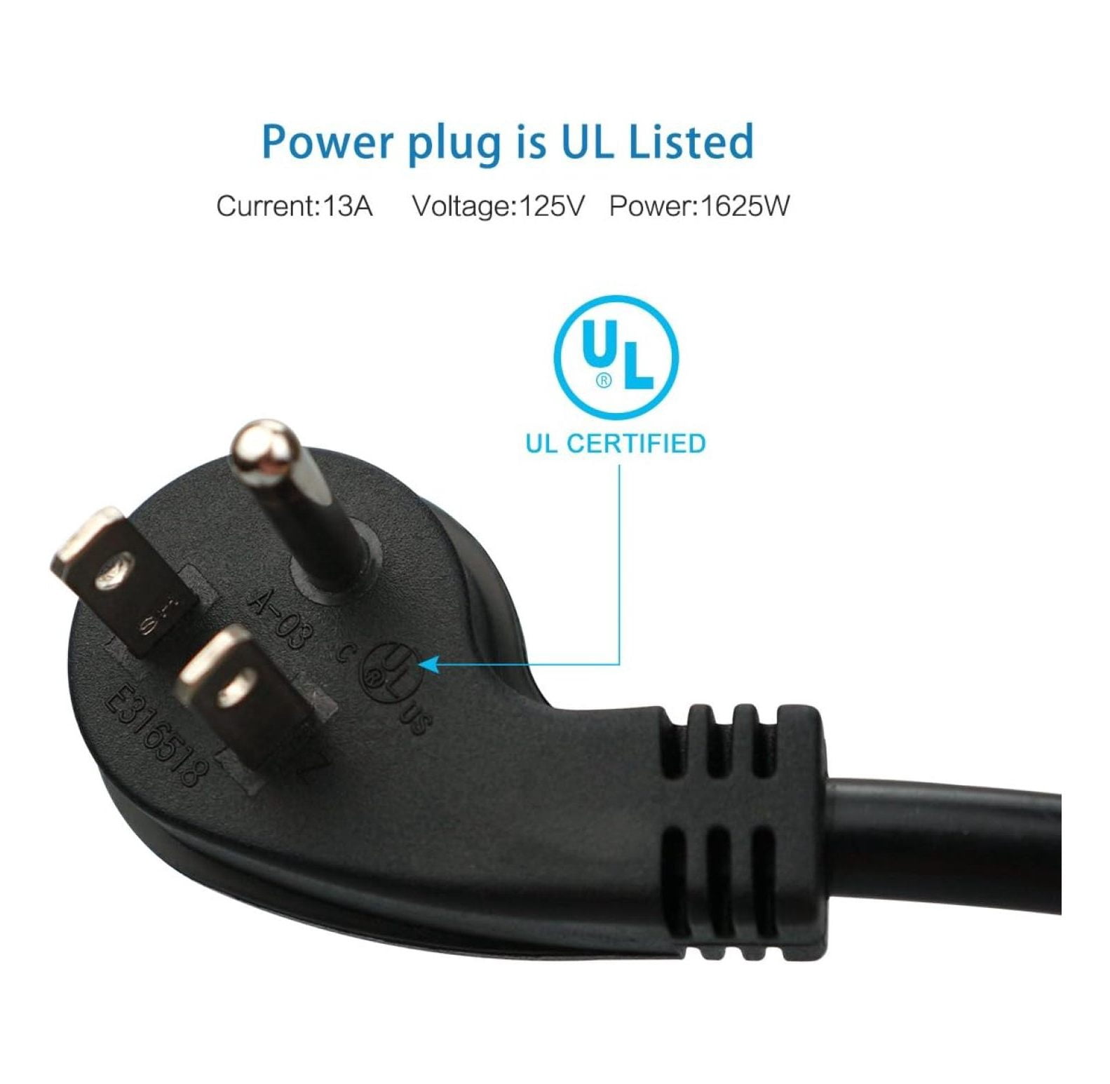 Flat Plug Short Extension Cord, Right Angle 3 Prong, 1625 watts, 16 AWG, 13 amps 125 Volts, UL Listed, 5 Pack, Black 1 Foot by YfulYde