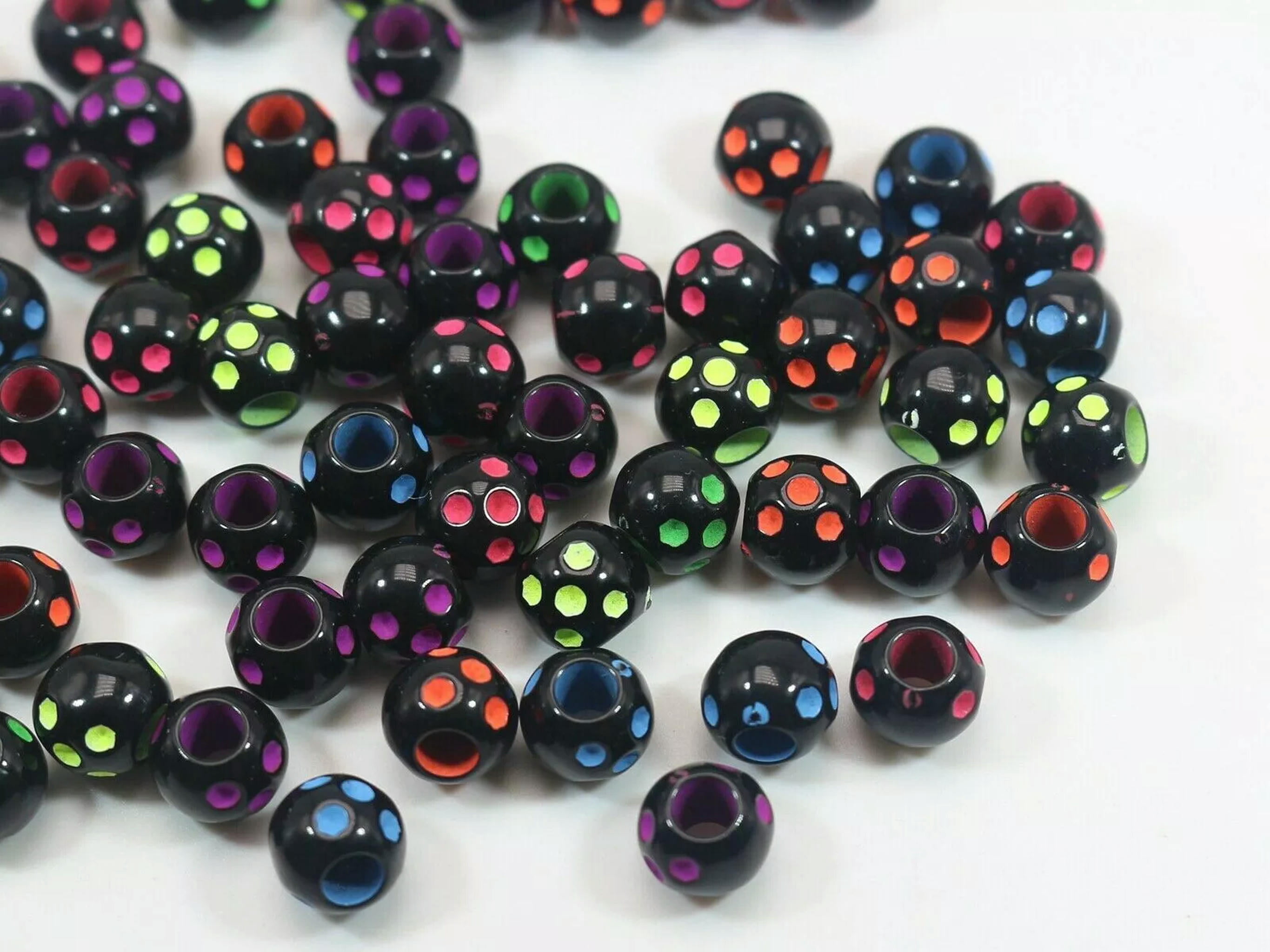 U8MO 200 Black with Neon Coloured Dots Round Pony Beads 10mm for Kids Craft Kandi