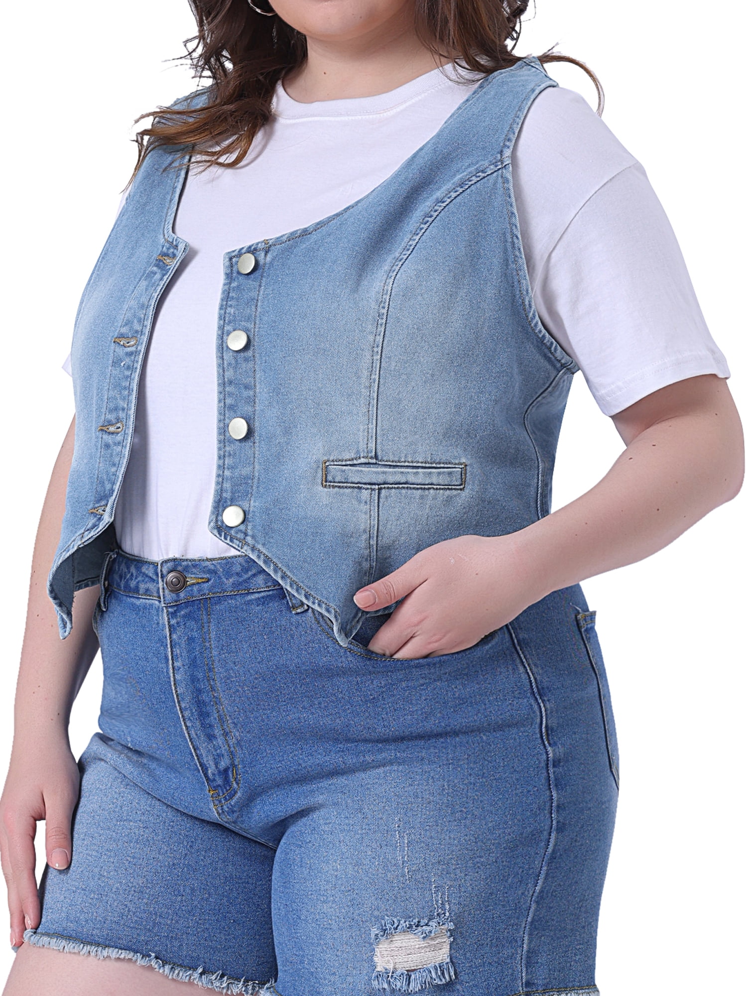 DARING DIVA Women's Plus Size Button Down V Neck Sleeveless Jean Waistcoat 4X Light Blue