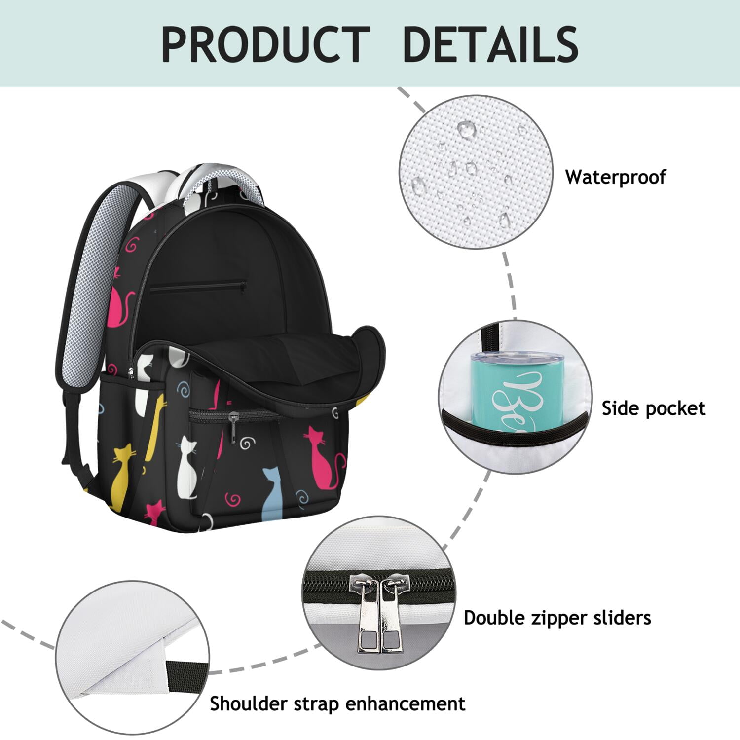 Pet Lover's Waterproof Backpack - Cute Cat Illustration, Ergonomic Design with Spinal Support