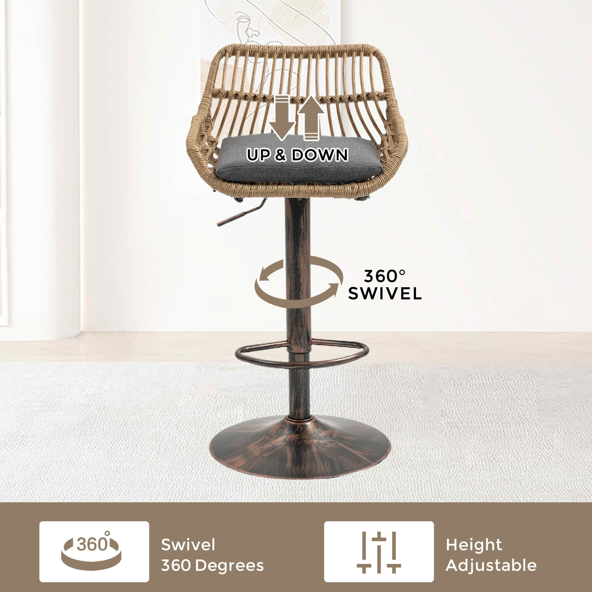MAYEERTY Swivel Bar Stools Set of 2, Adjustable Height Chairs with Footrest, Linen and PE Rattan Back, Gray
