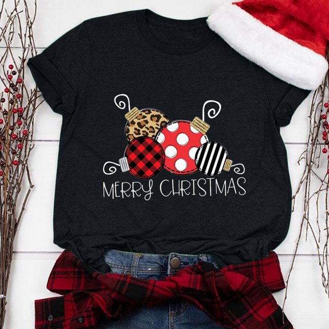 Meichang Hauts à Manches 3/4 pour Femmes, Col Rond, Imprimé Joyeux Noël, T-Shirts Amples, Pull de Noël