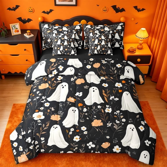 Homewish Halloween Floral Ghost 7-Piece Twin Bedding,Wild Autumn Flower Pattern Bedding Comforter Set,Black Cream Orange,Black Reversible