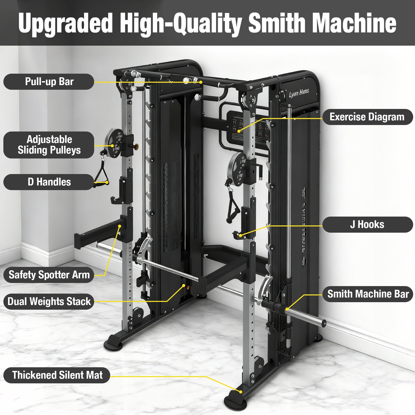 Functional Trainer Smith Machine for Commercial, Multifunctional Cable Crossover Exercise Machine, All in One Home Gym System, Workout Weight Machine for Strength Training, Compact Fitness Equipment