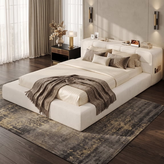 Afuhokles Queen Cloud Bed Frame with Wide Headboard, White
