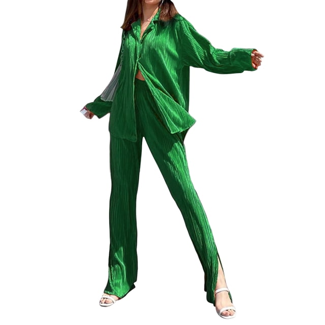 VISgogo Traje de Pijama de Dos Piezas para Mujer, Tops de Manga Larga con Botones y Cuello Vuelto de Color Sólido + Pantalones Largos con Cintura Elástica VISgogo moda