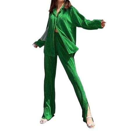 

Women 2Pcs Pajamas Suit Lapel Long Sleeve Shirt + Loose Fit Trousers