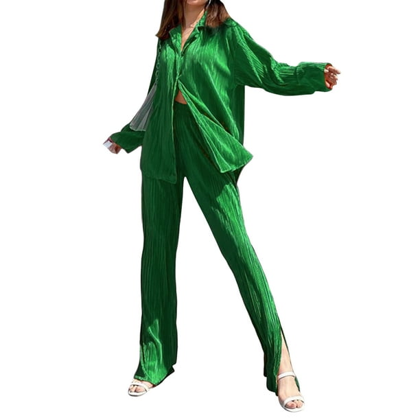 VISgogo Traje de Pijama de Dos Piezas para Mujer, Tops de Manga Larga con Botones y Cuello Vuelto de Color Sólido + Pantalones Largos con Cintura Elástica VISgogo moda