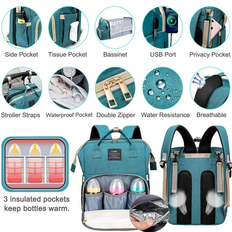 5 in 1 Diaper Bag Backpack Portable Foldable Mommy Travel Back Waterproof Newborn Baby Gifts Pack Changing Pad Stroller Straps Large Capacity Unisex