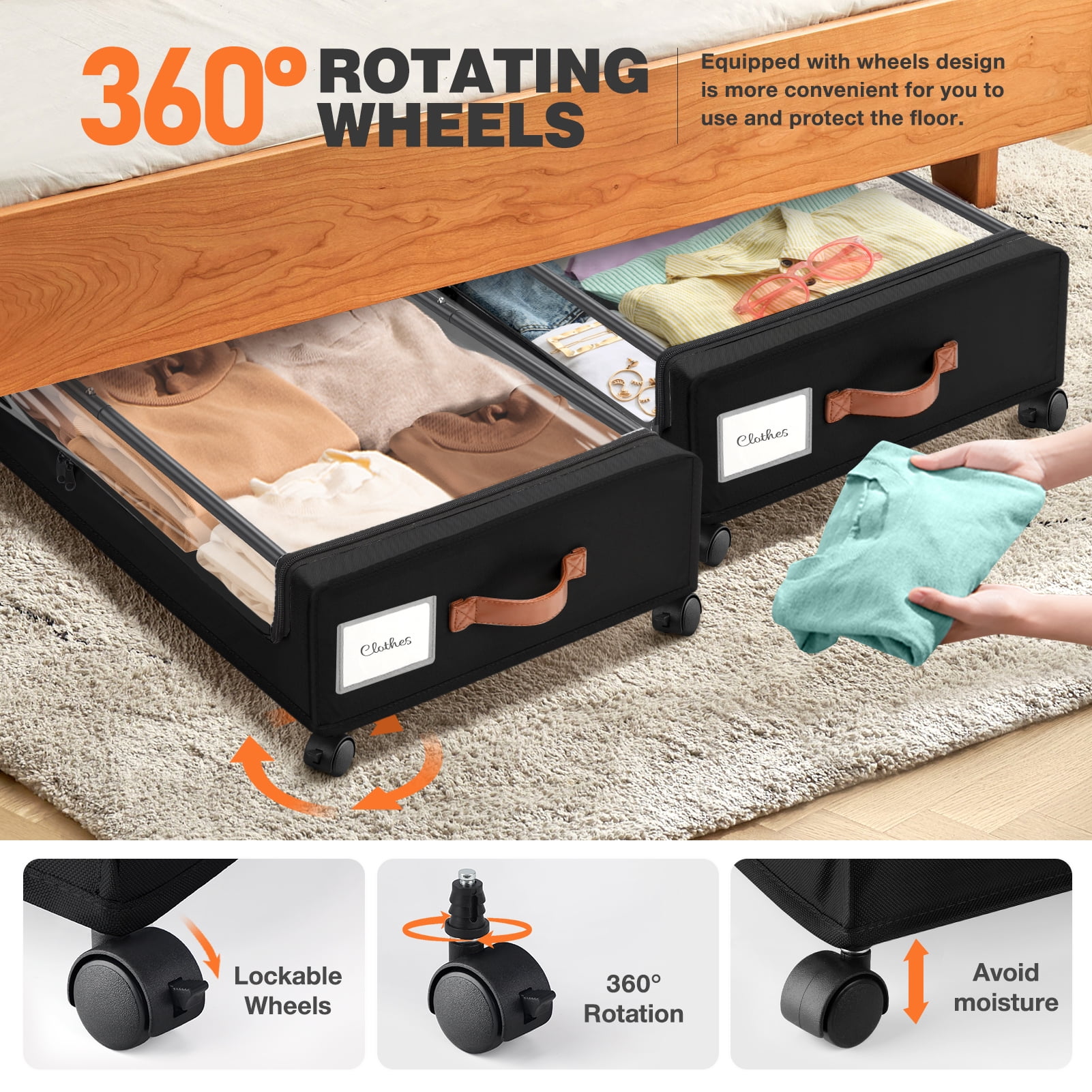 Livhil Under Bed Storage with Wheels, 2Pack Under Bed Storage Containers, Under Bed Shoe Storage and Bins (Black)
