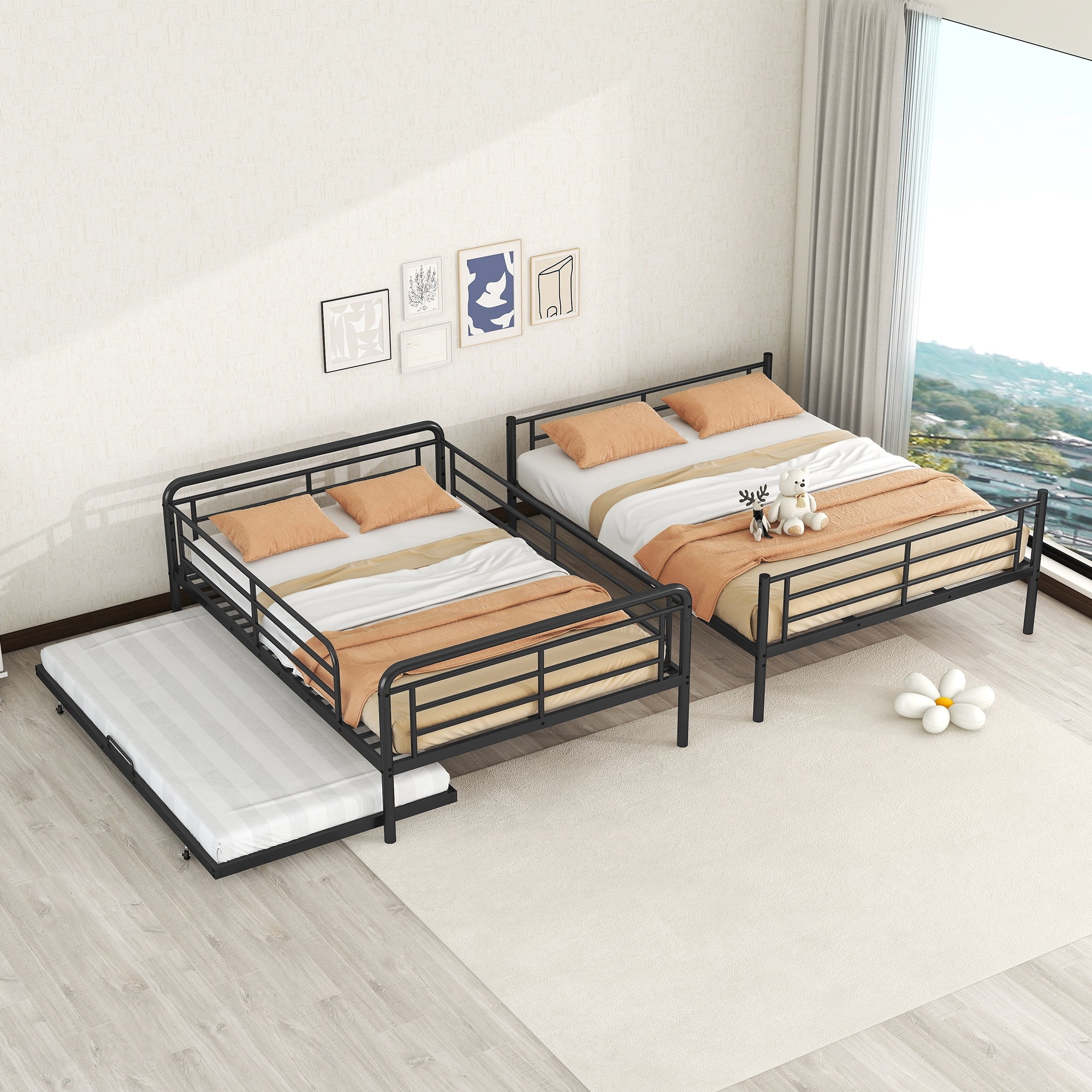 Full XL Over Queen Bunk Bed with Trundle,Heavy Duty Metal Bed Frame Sturdy Guard Rail for Kids/Adults,Can be Divided Into Two Beds,Black