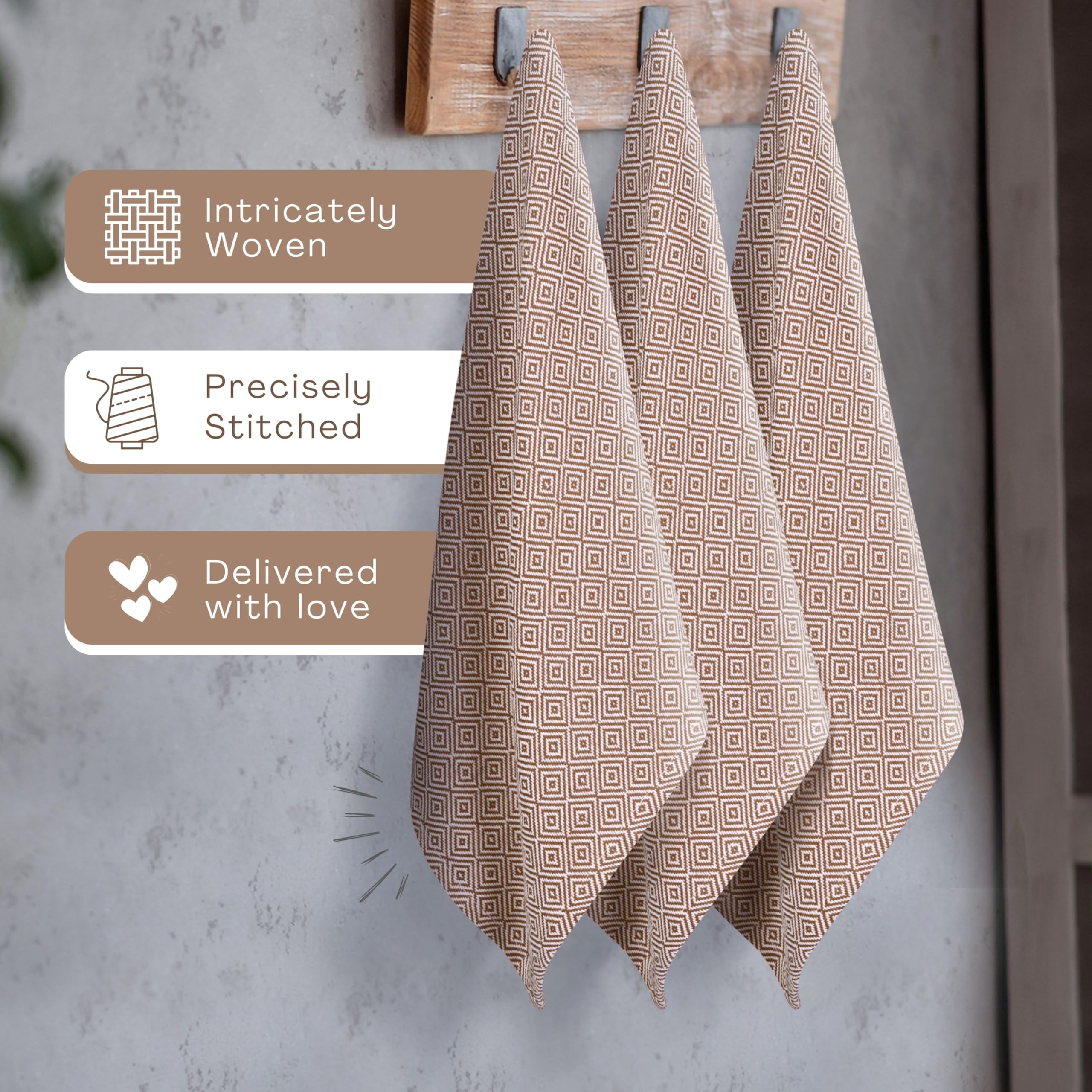 HEIRLOOM COMFORT Brown Dish Towels 3 Pack, Ultra Absorbent, 16"x26", Diamond Weave Towel Set, Reusable, Durable, Quick Dry Cotton Kitchen Towels for Cleaning Counters, Drying Dishes, Everyday Cleanup