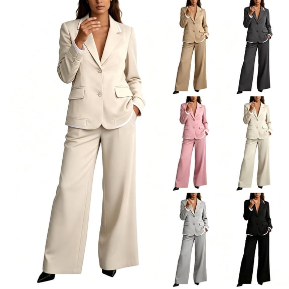 Tqcoqu Women's Contrast Trim Blazer 2 Piece Suit Set,Notched Lapel Long Sleeve Jacket with Wide Leg Pants Business Outfit,Beige Women's S-XXXL