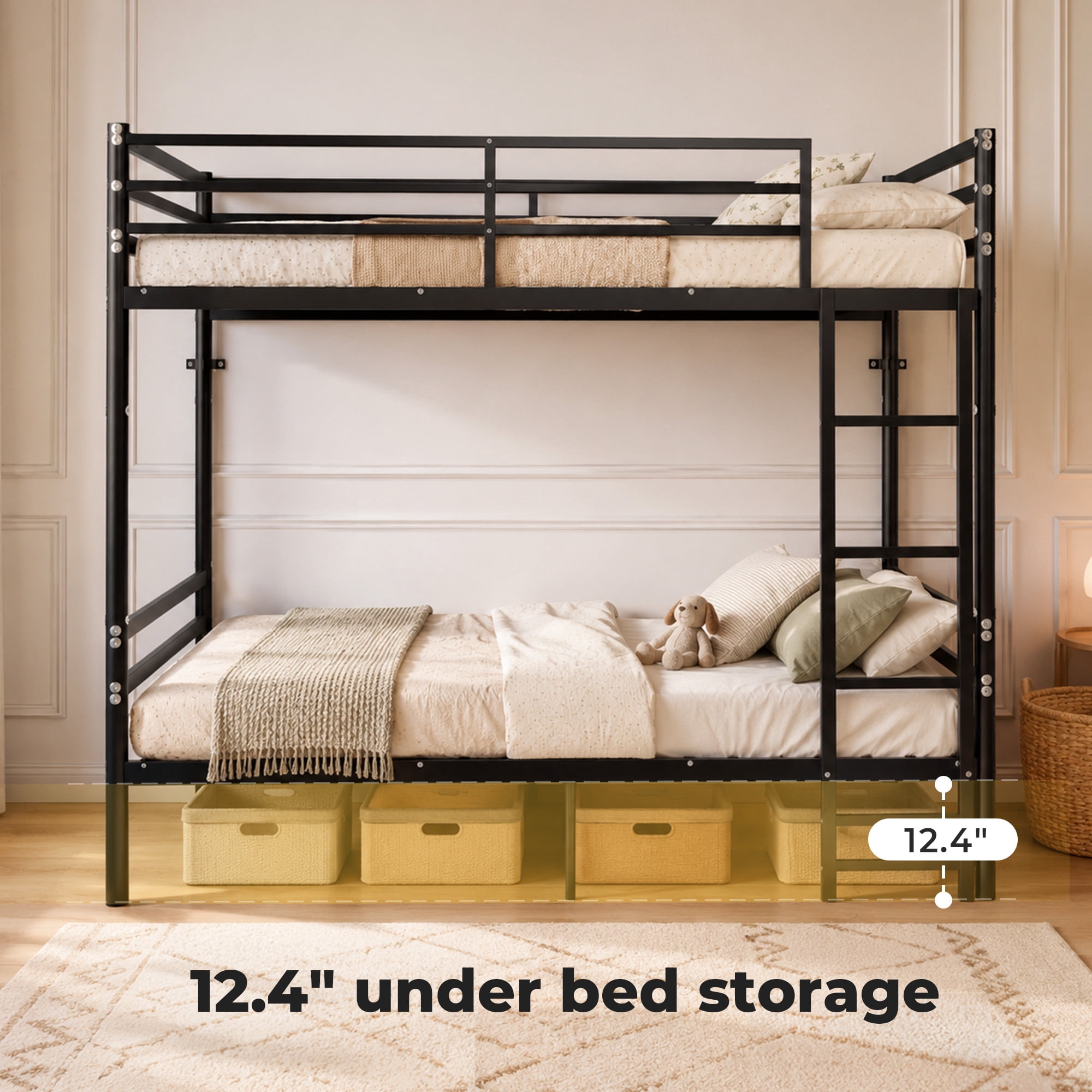 Alvantor Bunk Bed Twin over Twin, Metal Bunk Bed for Kids with Ladder and 14" Guardrail Black