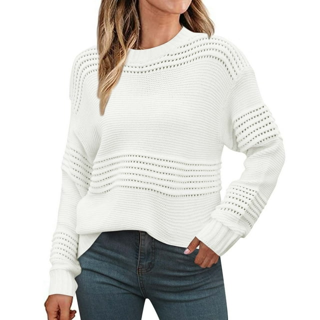 Besolor Chandails pour Femmes Col Ras du Cou Manches Longues Hauts en Tricot Ajourés Décontractés Amples Chandails à Enfiler Tenues d'Automne