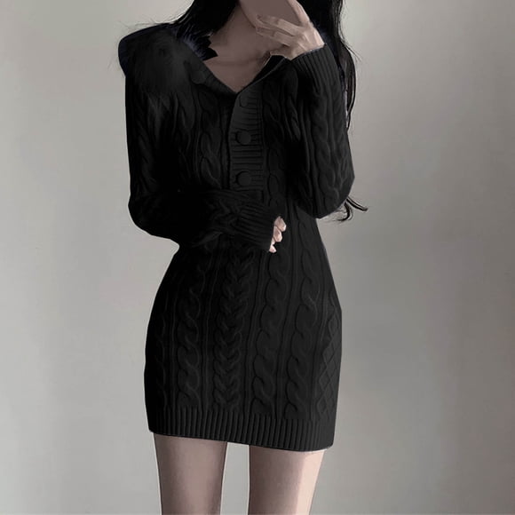 Women's Sweater Dress, Hooded V-Neck Long Sleeve Bodycon Knit Dress for Winter Casual Wear