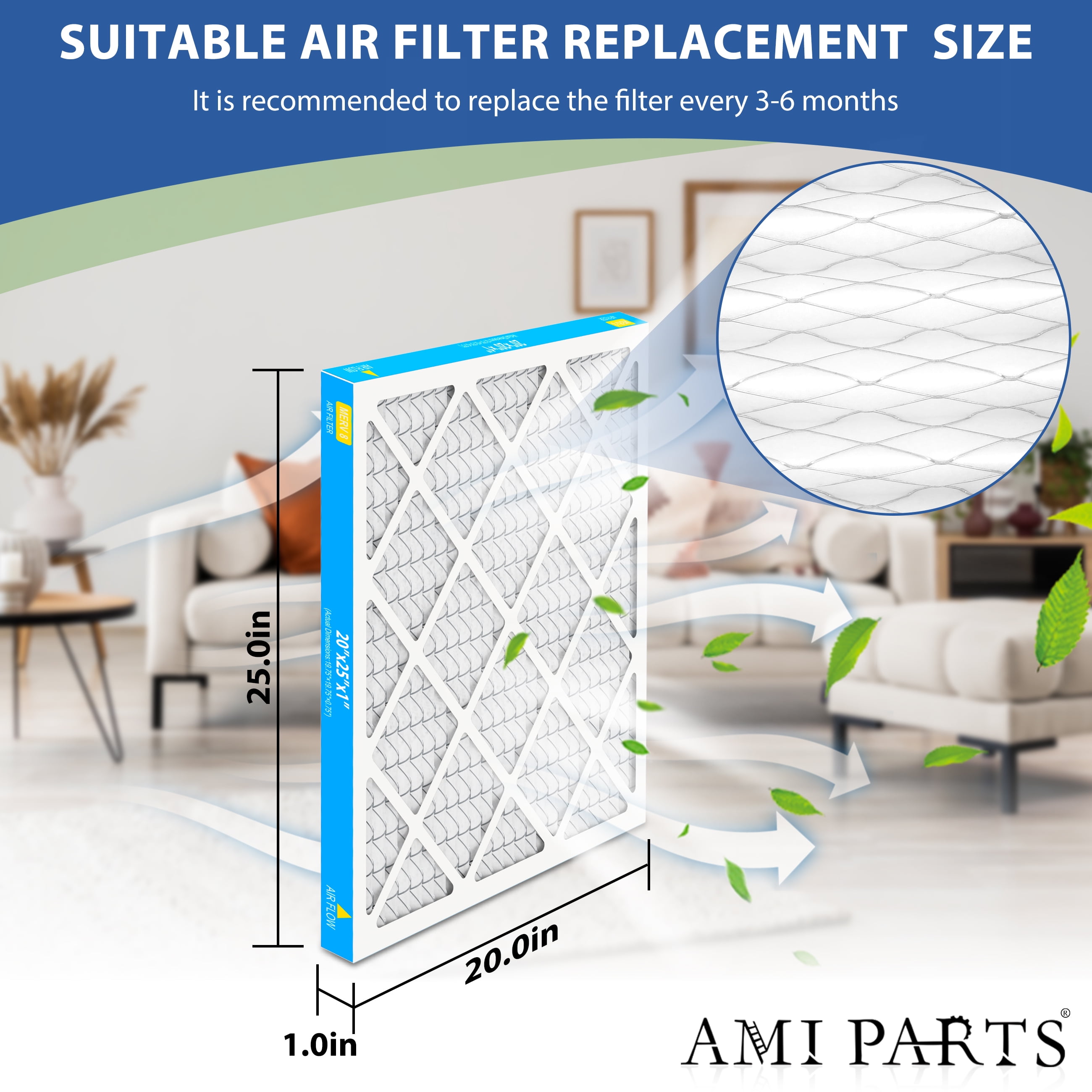 AMI PARTS 20x25x1 Air Filter MERV 8 Superior Pet Protection , Electrostatic Pleated HVAC Furnace Filter Replacement,6-Pack