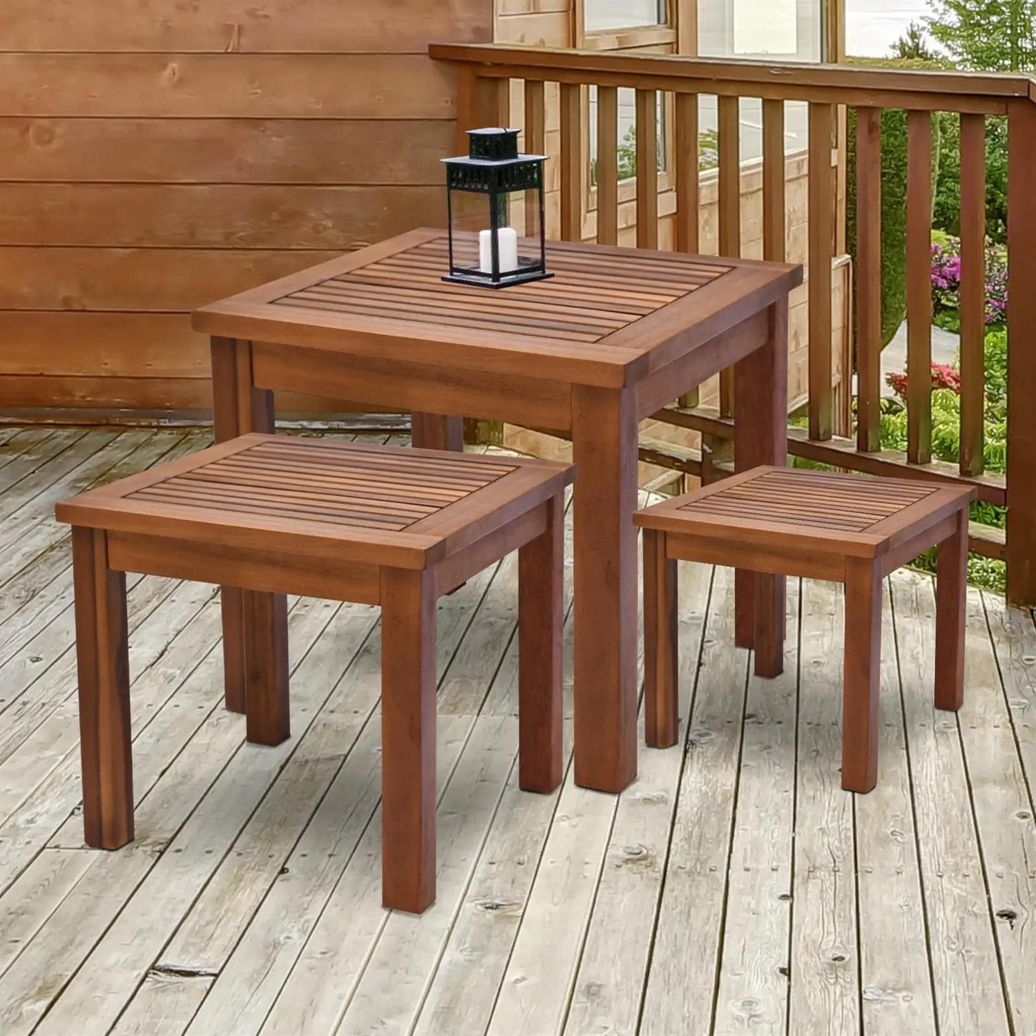 Demi Bonn 3 Piece Outdoor Side Nesting Table Patio Set with Acacia Wood Build & Multi-Functional Design, Outside End Tabledoor or Outdoor Use, Brown