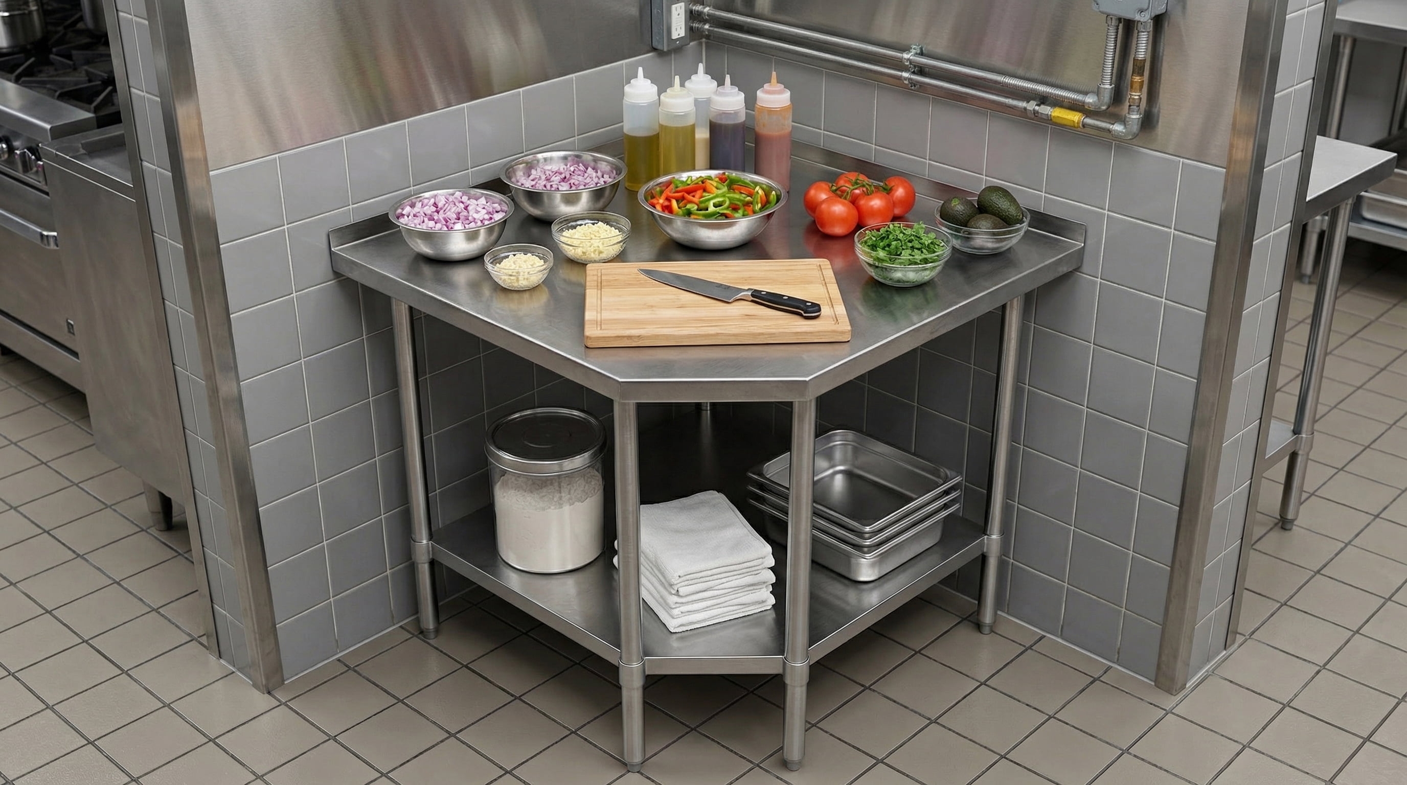Stainless Steel Corner Work Table 30 in. x 30 in. x 35 in. with 1.5in. Backsplash, Galvanized Undershelf, 5 Leg Support, Commercial Prep Table for Restaurant Kitchen Utility