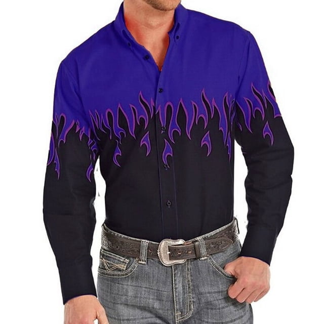 Camisa occidental para hombre con solapa de llama para exteriores, calle, manga larga, botones estampados, ropa de diseñador de moda, informal, suave