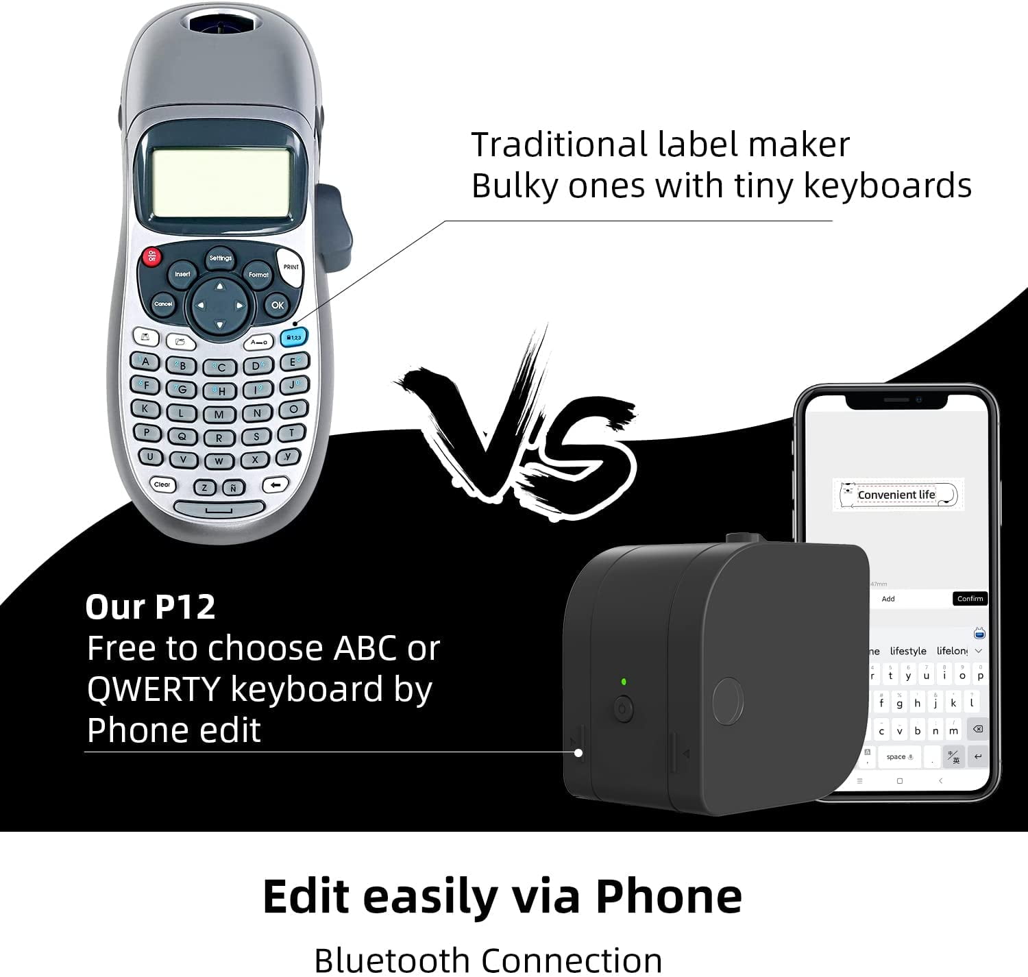 P12 Portable Bluetooth Label Maker Machine with Tape Handheld Built-in Cutter Small Label Maker- Effortlessly Organize and Personalize Labels for Home, Office, and On-the-Go(Black)