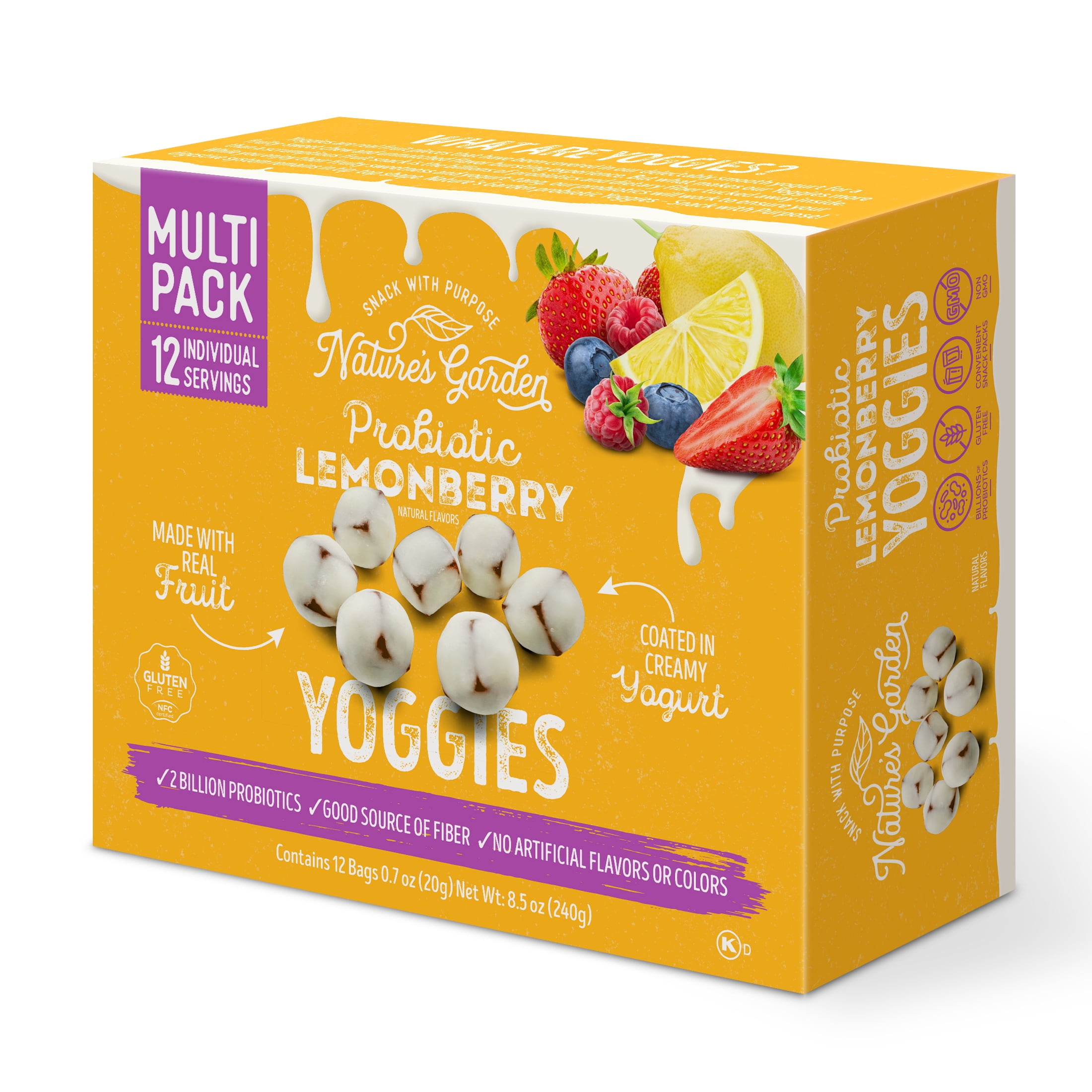 (3 pack) Nature's Garden, Probiotic Lemonberry Yoggies, Gluten- Free, Non-GMO, Soft Chew, Fruit Snacks, 0.7 oz, 12 Count