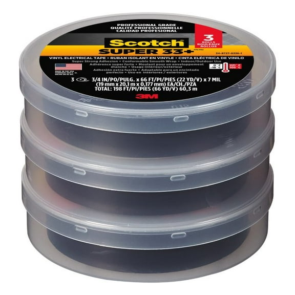 Scotch® Super 33 Vinyl Electrical Tape, 3/4 in x 66 ft x 7 mil, 3 pack