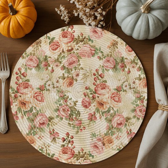 Pastoral Rose Round Braided Placemats Set of 2, Vintage Red Flowers Linen Texture Heat Insulation Place Mats Washable Non-Slip Table Mats for Kitchen Dining Party, 13 Inches