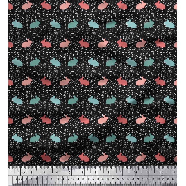 Soimoi Black polyester Crepe Fabric Rabbit Animal Printed Fabric 1 Yard 42 Inch Wide