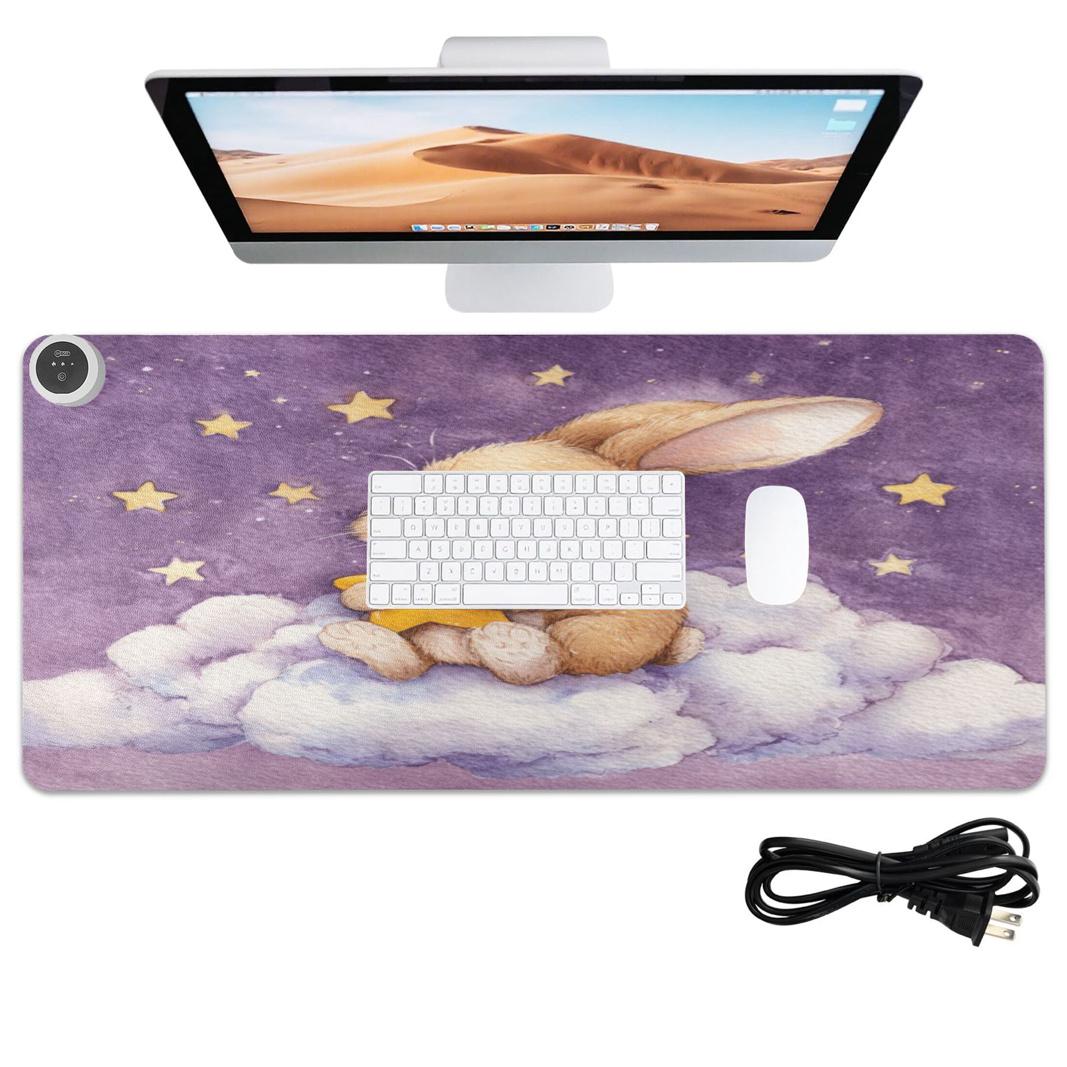 Large Heated Desk Mat Mouse Pad 31.5"x13"PU Leather Graphene Heating Desk Warmer with 3 Temperature Settings 110V US Plug Non-Slip Warm Pad for Home, Office, and Gaming Golden Rabbit with Star