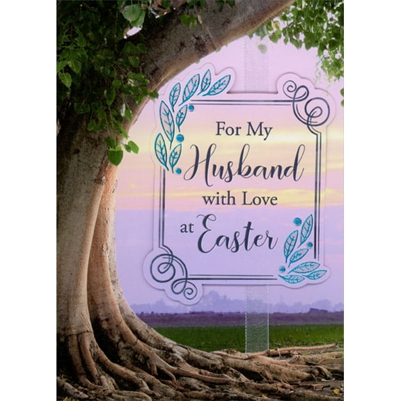 Designer Greetings Curving Tree Trunk and Branches : Purple Sky : 3D Tip On Banner, White Ribbon, Blue Gems and Foil Hand Decorated Easter Card for Husband