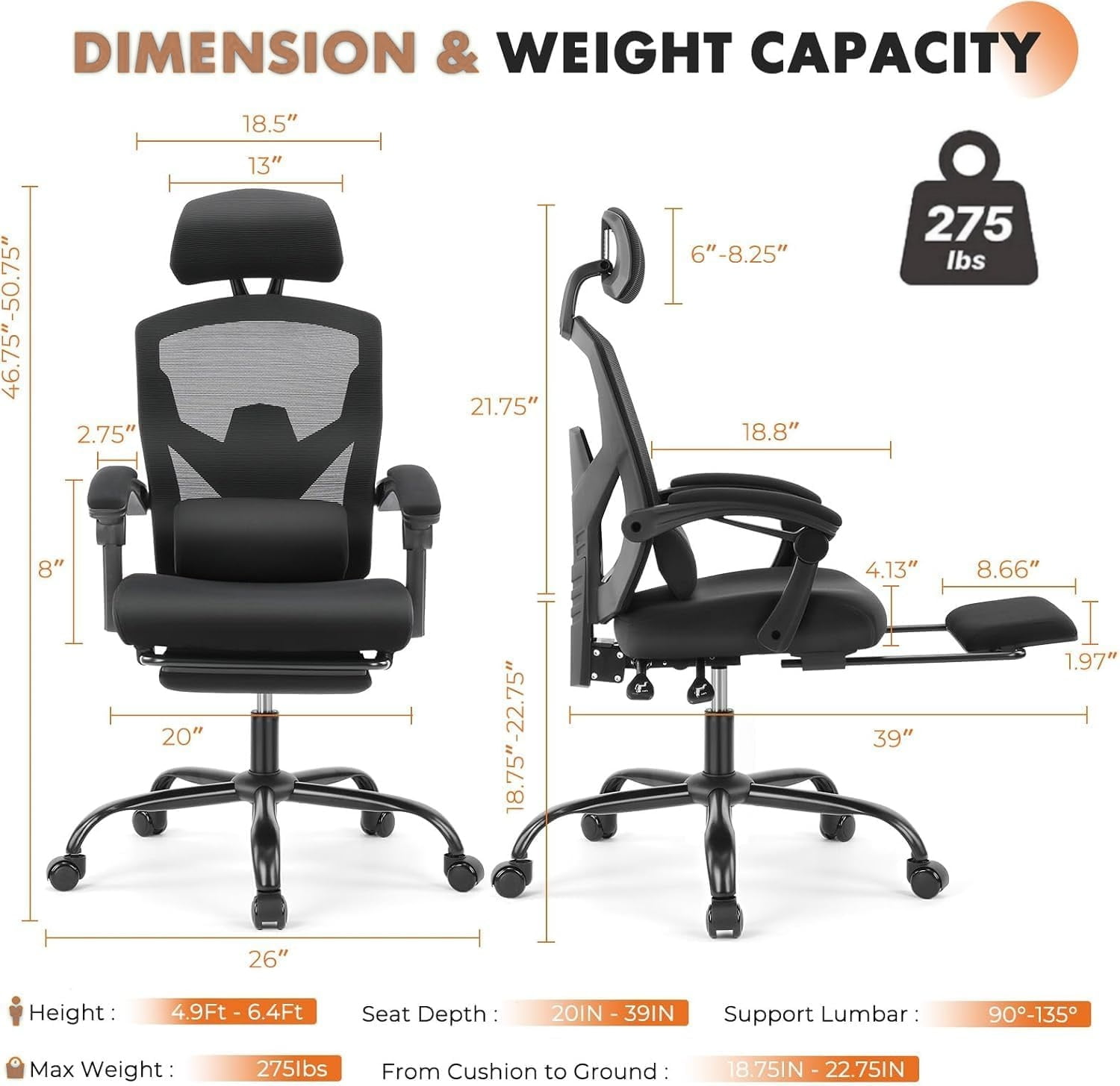 Office Computer Desk Chair, High-Back Ergonomic Mesh Swivel Chair with Lockable Recline, Adjustable Lumbar Support, Retractable Footrest & Padded Arms for Home Office, Study, and Gaming, Black