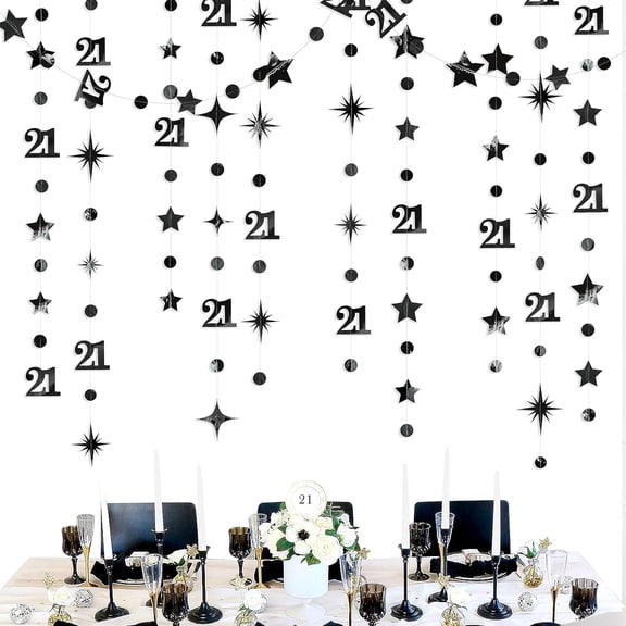 Cheerland Black Number 21 Circle Dot Twinkle Star Garland Metallic Hanging Streamer Bunting Banner Backdrop Decoration