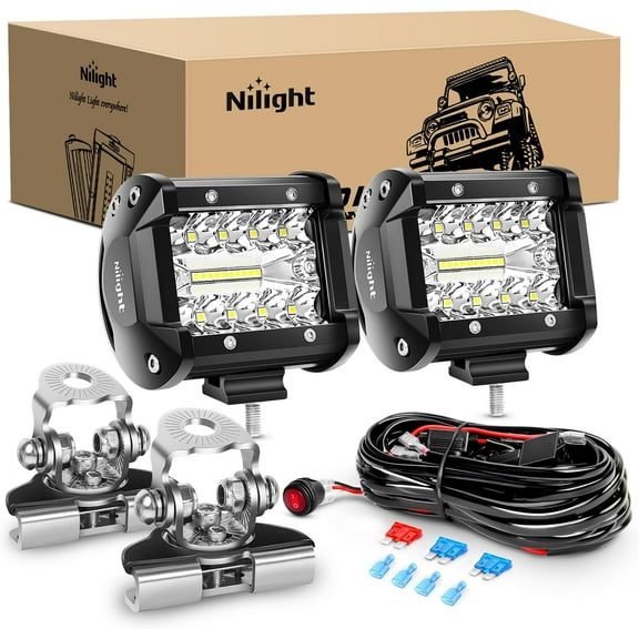 Nilight 2PC 4Inch Triple Row Lights 60W Flood Spot Combo 6000LM Bar Driving Boat Led Off Road Trucks with Adjustable Pillar Hood Mount Bracket Clamp Holder and Wiring Harness Kit