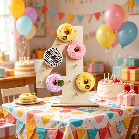 Soporte de Madera para Donas con Los Números Del 0 Al 4 para Fiestas de Cumpleaños, Bodas y Graduaciones. Estante Resistente de Madera Natural para Exhibir Donas, Pasteles o Dulces En La Mesa de Post
