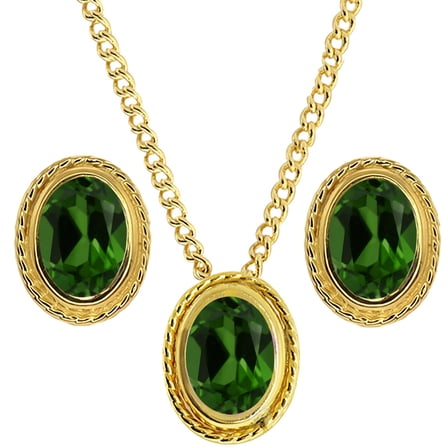 Gem Stone King 2.10 Cttw Green Chrome Diopside 18K Yellow Gold Plated Silver Pendant Earrings Set for Women | Gemstone Birthstone | Oval 7X5MM | With 18 inch Chain